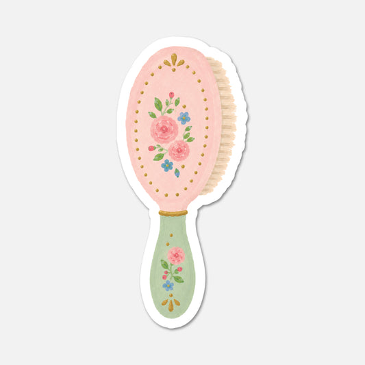 hand drawn vintage hairbrush with pink flowers sticker on white background