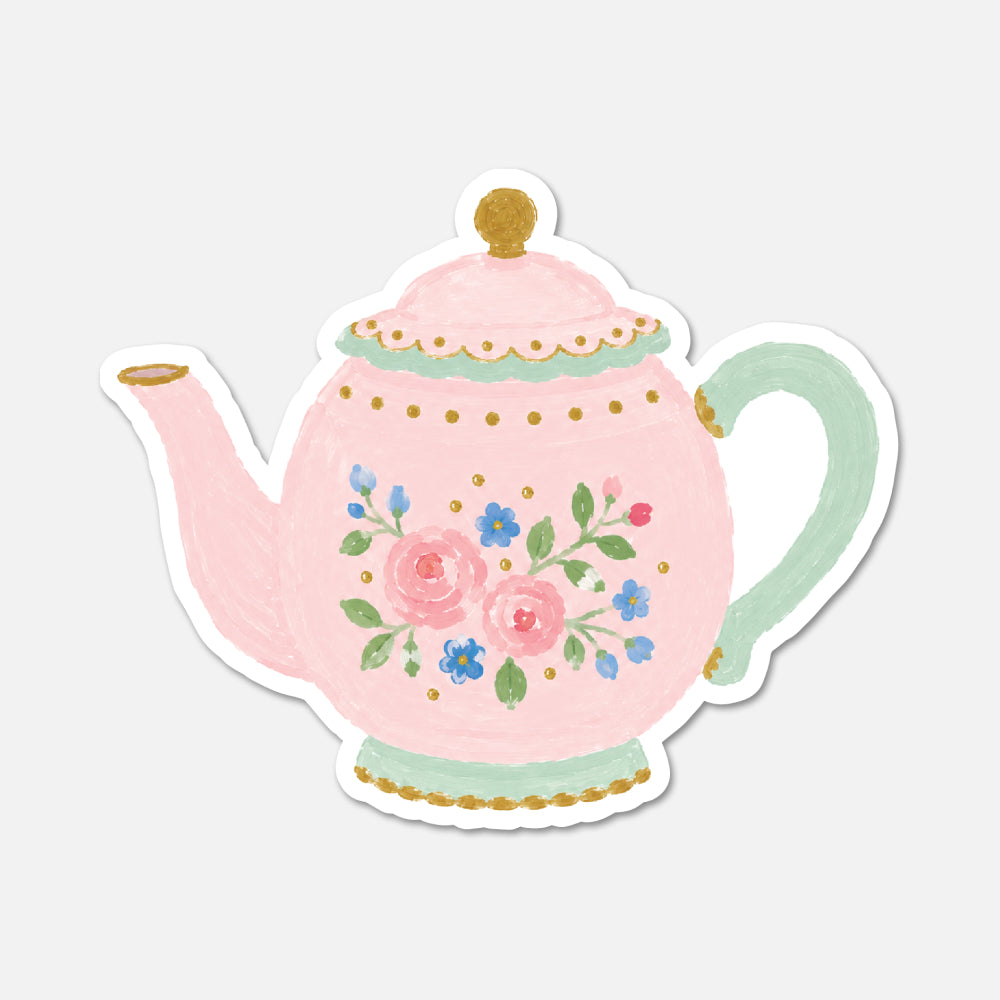 hand drawn vintage teapot with pink flowers sticker on white background