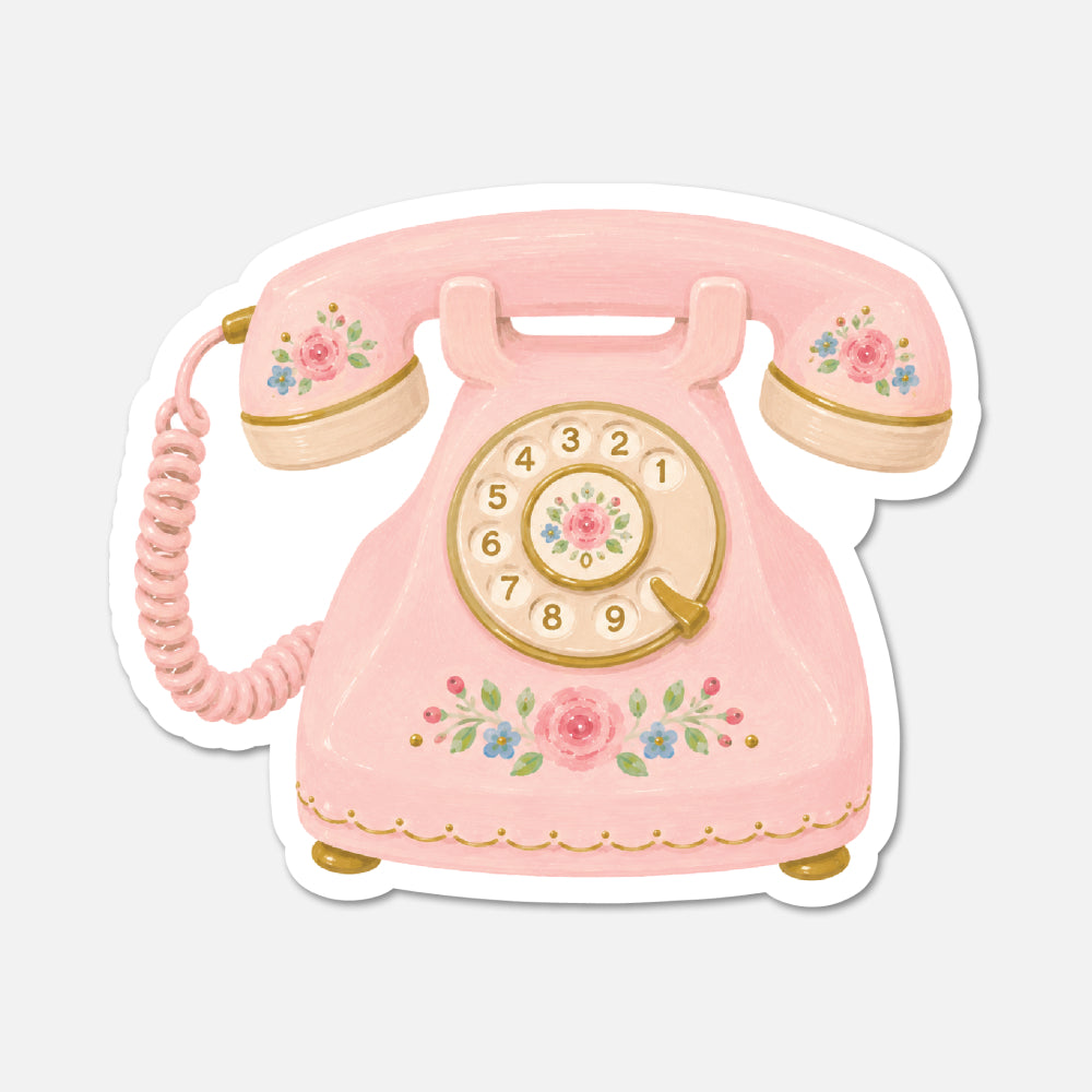 hand drawn vintage telephone with pink flowers sticker on white background