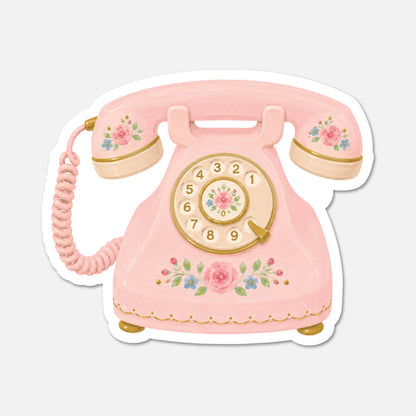 hand drawn vintage telephone with pink flowers sticker on white background