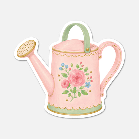 hand drawn vintage watering can filled with pink flowers sticker on white background