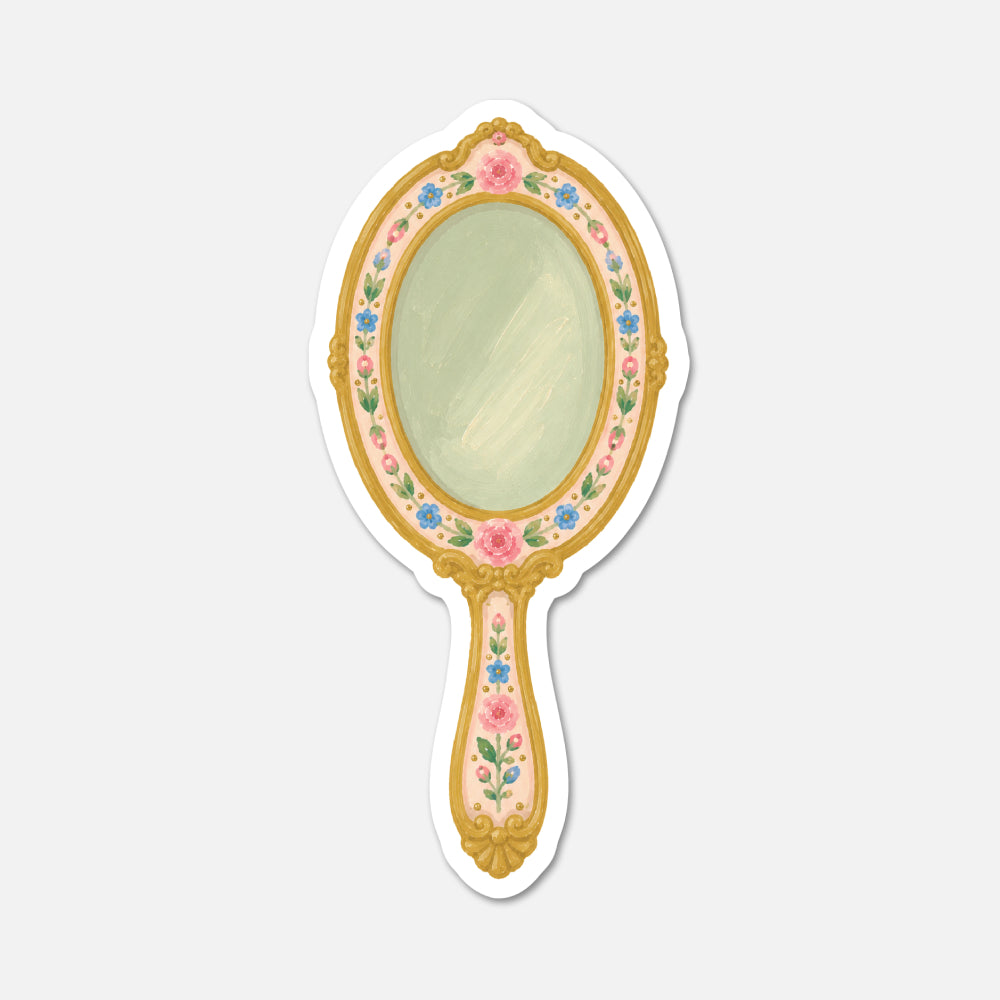 hand drawn ornate vintage hand mirror with pink flowers sticker on white background