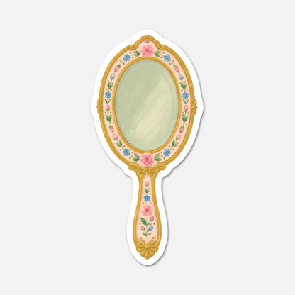 hand drawn ornate vintage hand mirror with pink flowers sticker on white background