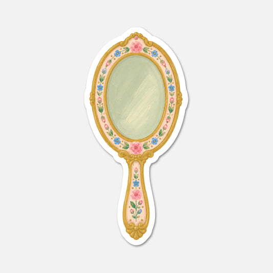 hand drawn ornate vintage hand mirror with pink flowers sticker on white background
