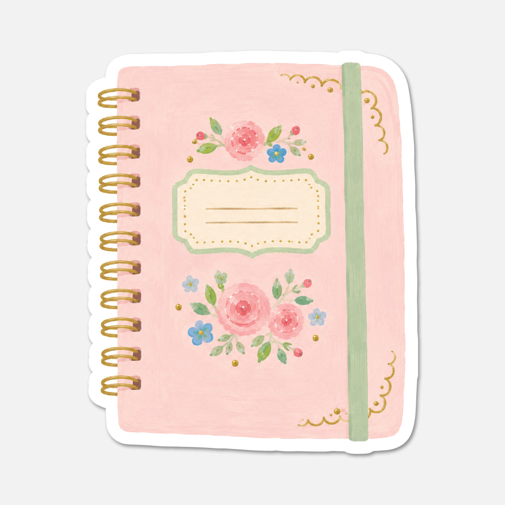 hand drawn floral notebook sticker with vintage bookish design on white background