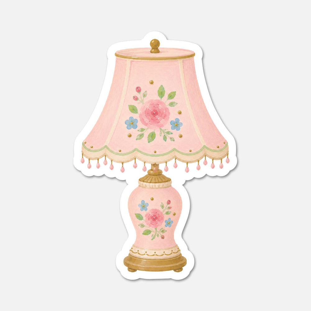 hand drawn vintage table lamp with pink flowers sticker on white background