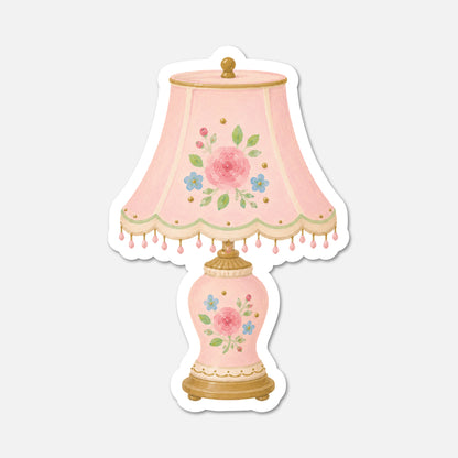 hand drawn vintage table lamp with pink flowers sticker on white background