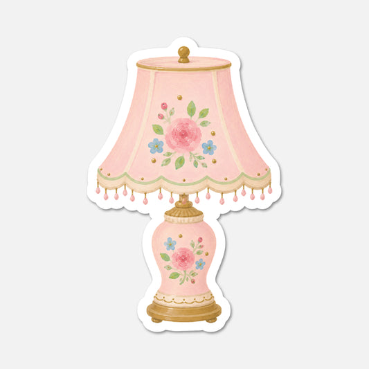 hand drawn vintage table lamp with pink flowers sticker on white background
