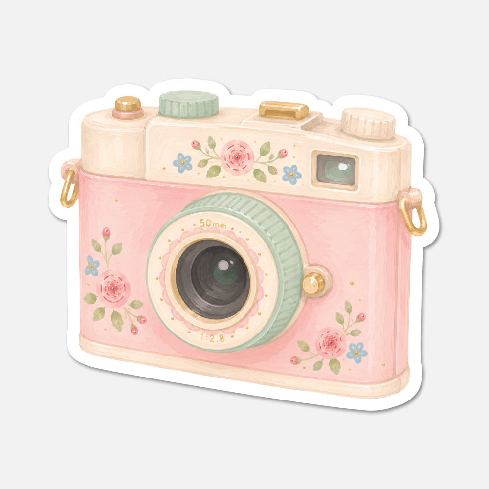 hand drawn vintage camera with pink flowers sticker on white background