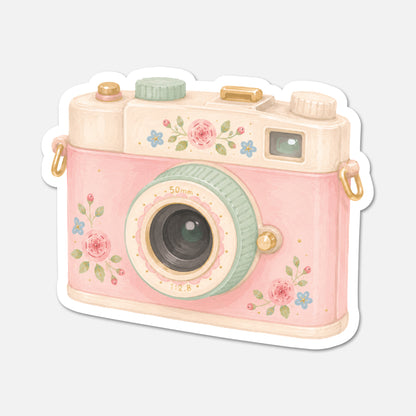 hand drawn vintage camera with pink flowers sticker on white background