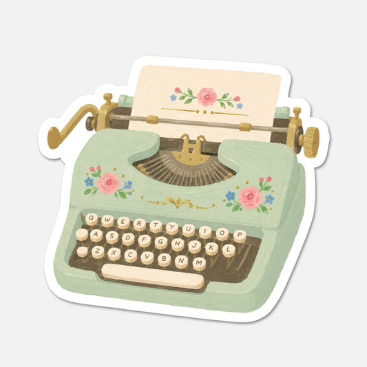 hand drawn vintage floral typewriter sticker on white background