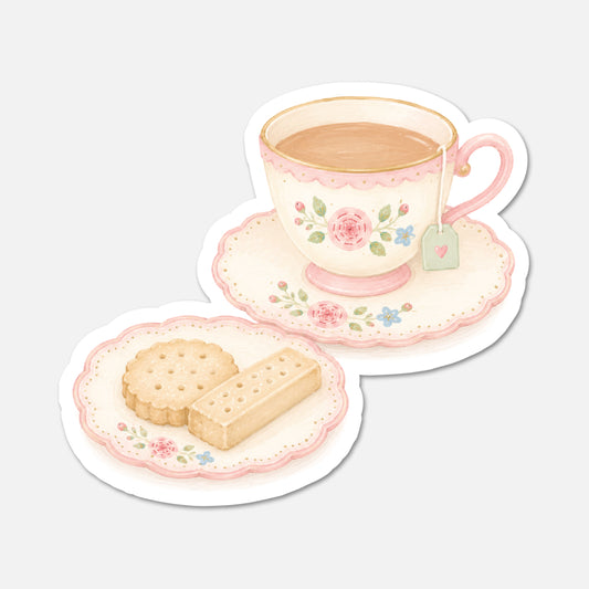 hand drawn tea and biscuits cottagecore sticker on white background