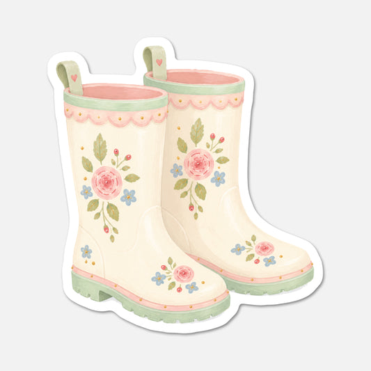 hand drawn floral rainboots cottagecore sticker on white background