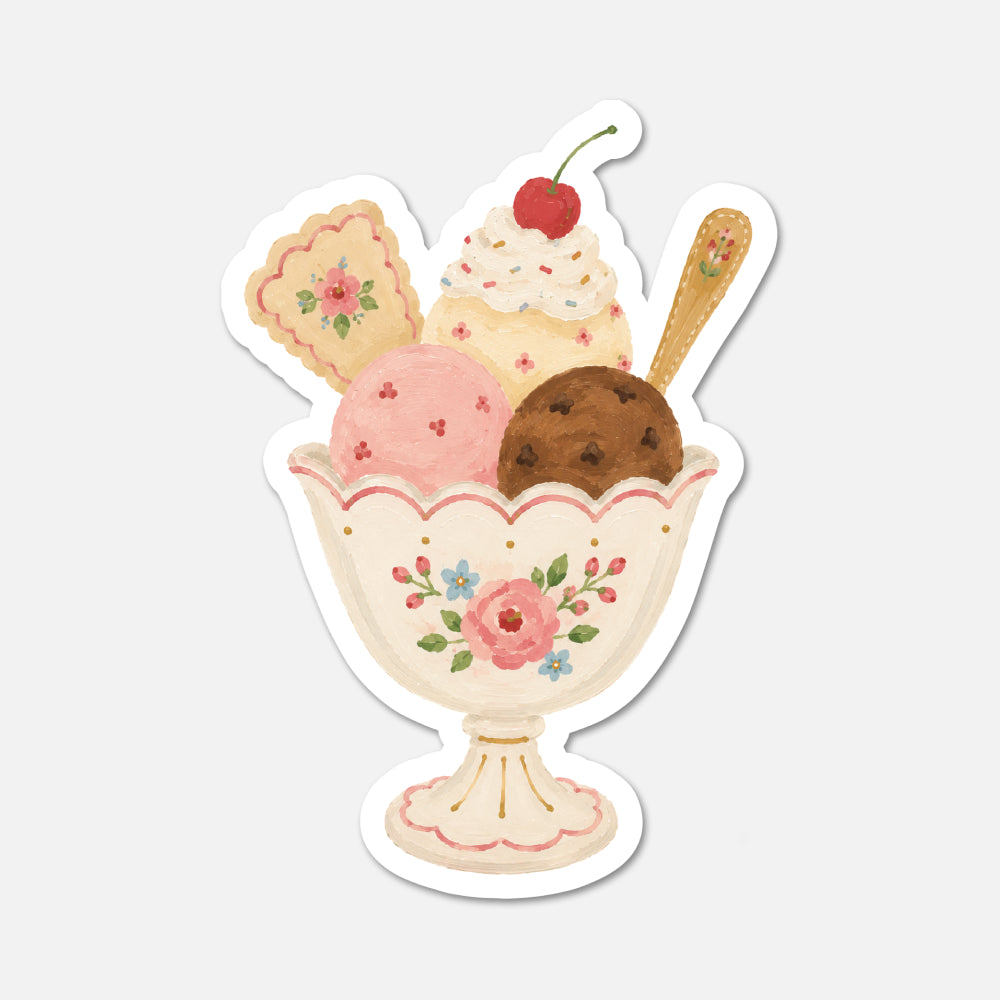 hand drawn ice cream bowl dessert sticker on white background