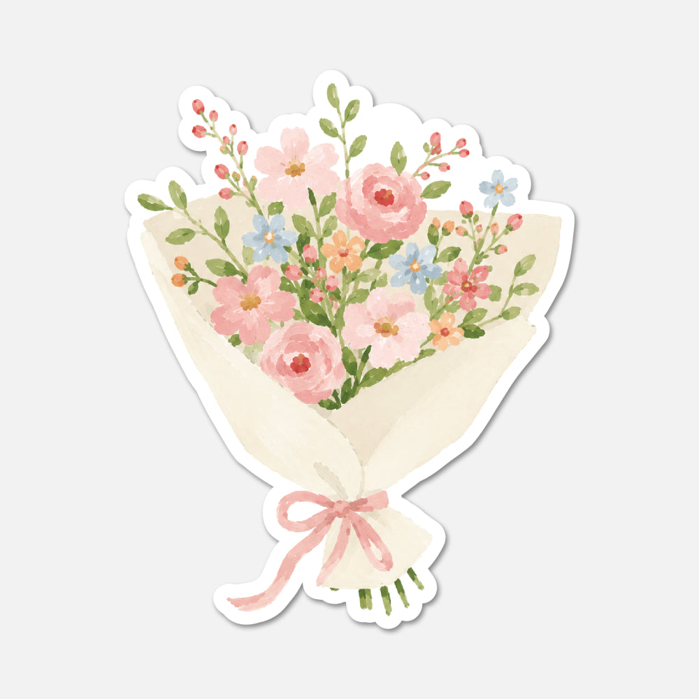 Floral bouquet sticker with pink roses and green leaves on a white background