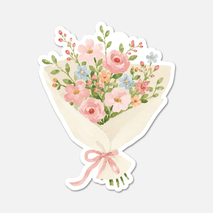Floral bouquet sticker with pink roses and green leaves on a white background