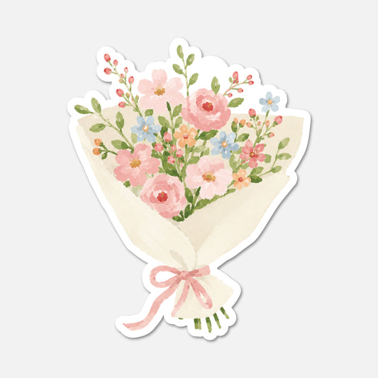 Floral bouquet sticker with pink roses and green leaves on a white background