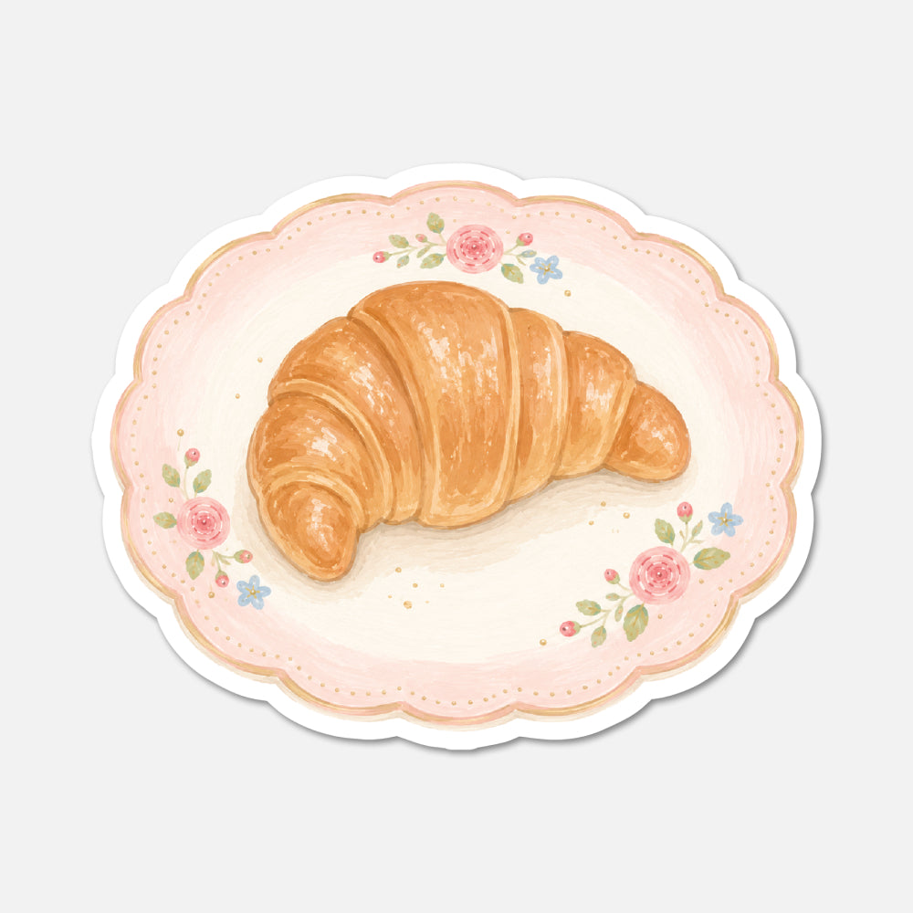 hand drawn croissant on a plate food sticker on white background