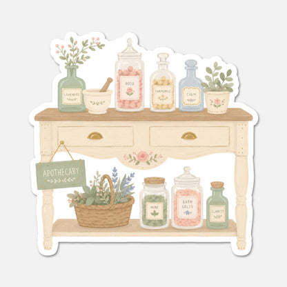 hand drawn vintage apothecary table sticker on white background