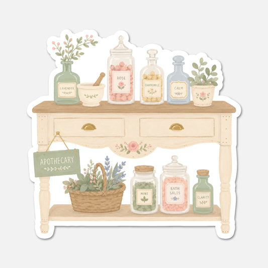 hand drawn vintage apothecary table sticker on white background