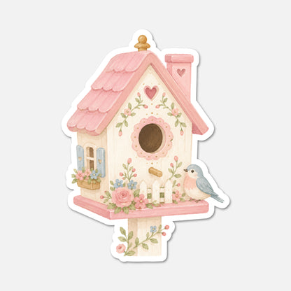 Illustration of a pink birdhouse with floral decorations on a white background