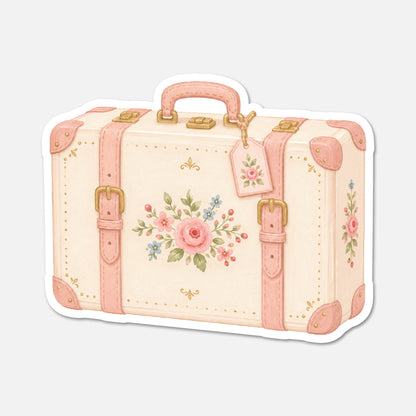 hand drawn floral vintage suitcase sticker on white background