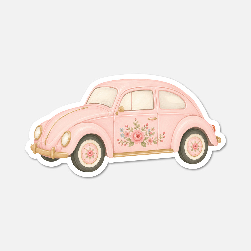 hand drawn vintage beetle car sticker on white background