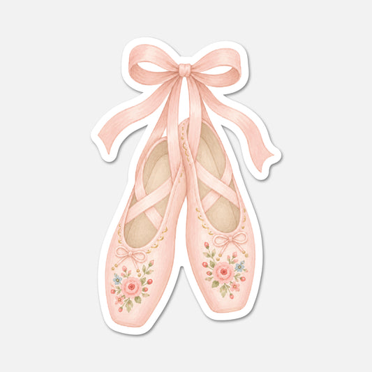 Illustration of pink ballet shoes with a bow on a white background