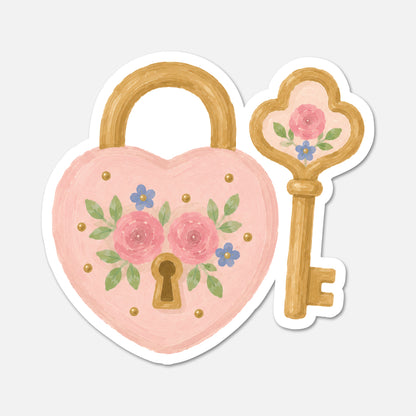 hand drawn floral lock and key sticker on white background