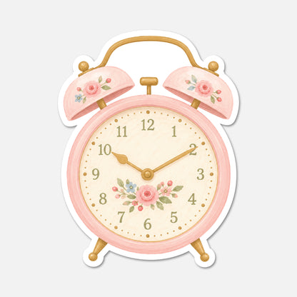 hand drawn waterproof vinyl floral alarm clock sticker with flowers on white background