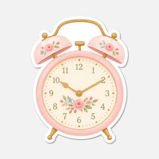 hand drawn waterproof vinyl floral alarm clock sticker with flowers on white background