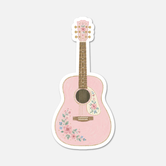 hand drawn waterproof vinyl acoustic guitar cottagecore sticker on white background