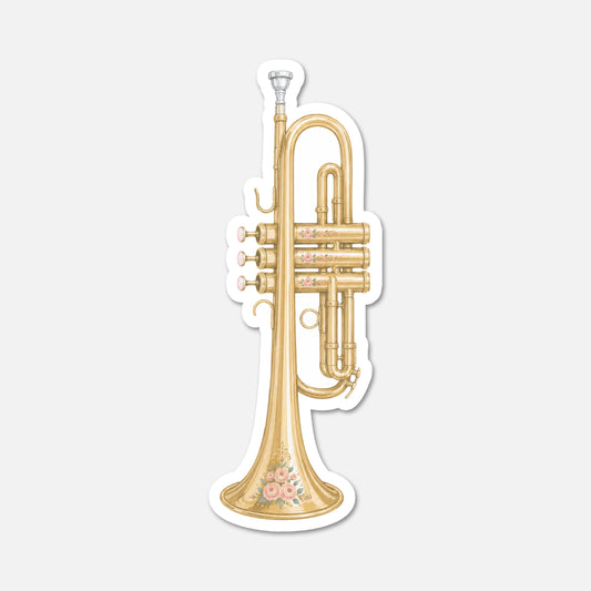 hand drawn waterproof vinyl brass trumpet cottagecore sticker on white background