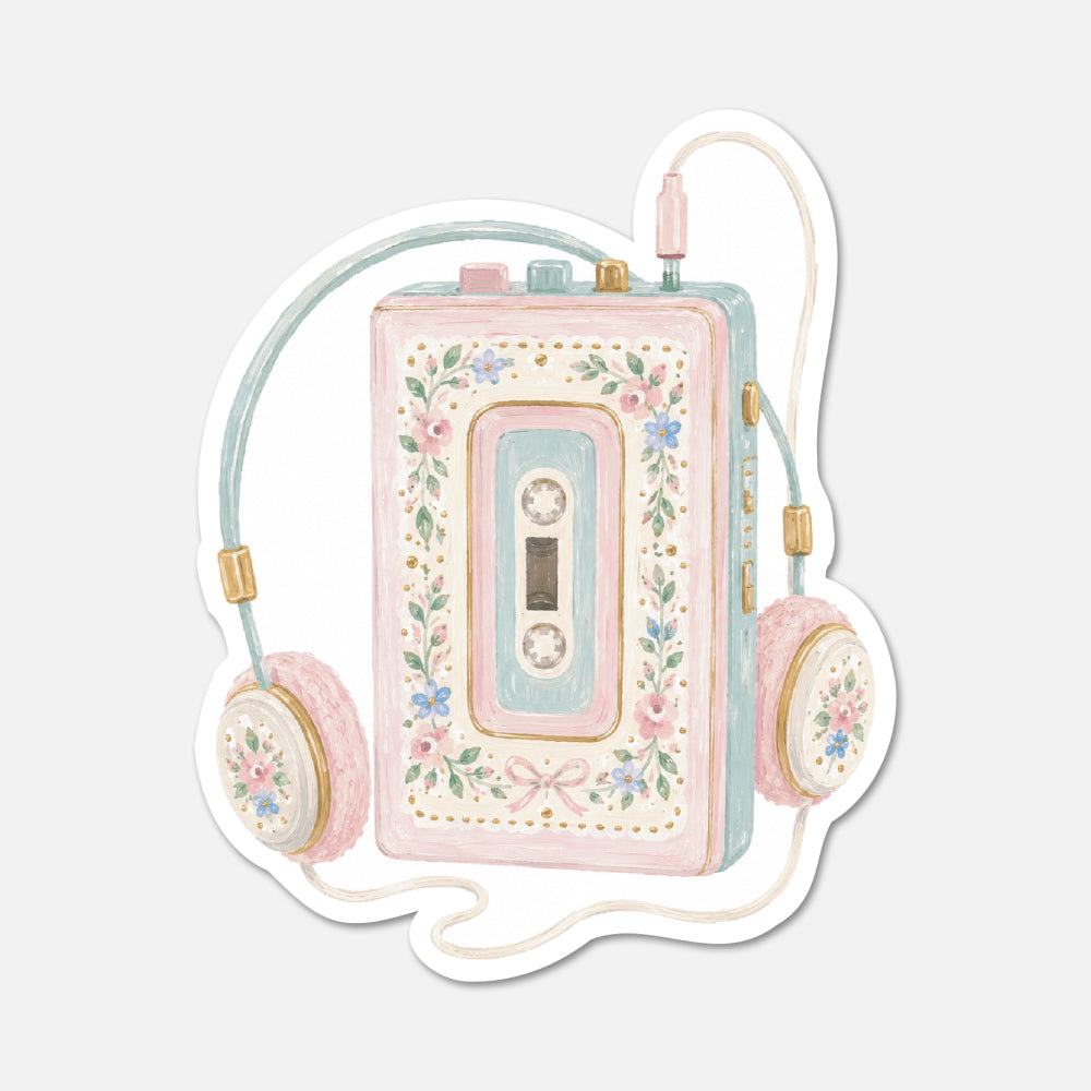 hand drawn waterproof vinyl portable cassette player 1980s retro sticker on white background