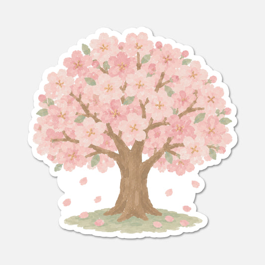 A die-cut sticker featuring a watercolor-style cherry blossom tree with pink flowers, green leaves, and a brown trunk on a light gray background.