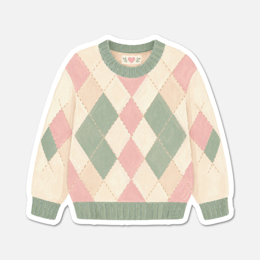 hand drawn waterproof vinyl pink green argyle sweater cottagecore sticker on white background