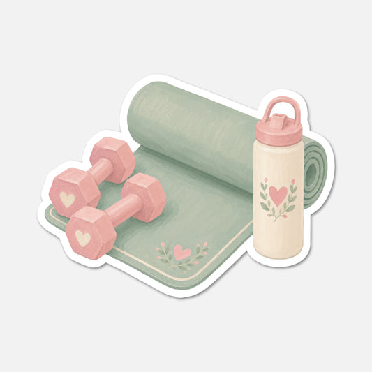 A die-cut sticker featuring a cute fitness set illustration: a rolled sage green yoga mat, two pink hex dumbbells with white hearts, and a cream water bottle with a pink lid and floral heart design, all on a light gray background.