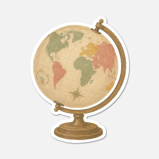 A vintage-style globe sticker or decal showing continents in muted green, pink, and yellow on an aged beige map background, mounted on a brown stand with a white die-cut outline, shown on a light gray background.