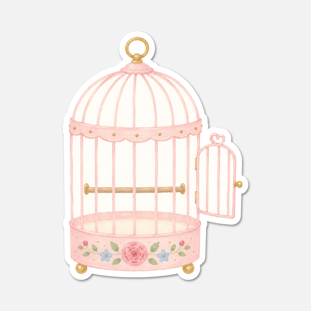 pink antique bird cage vintage sticker on white background