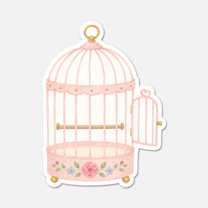 pink antique bird cage vintage sticker on white background