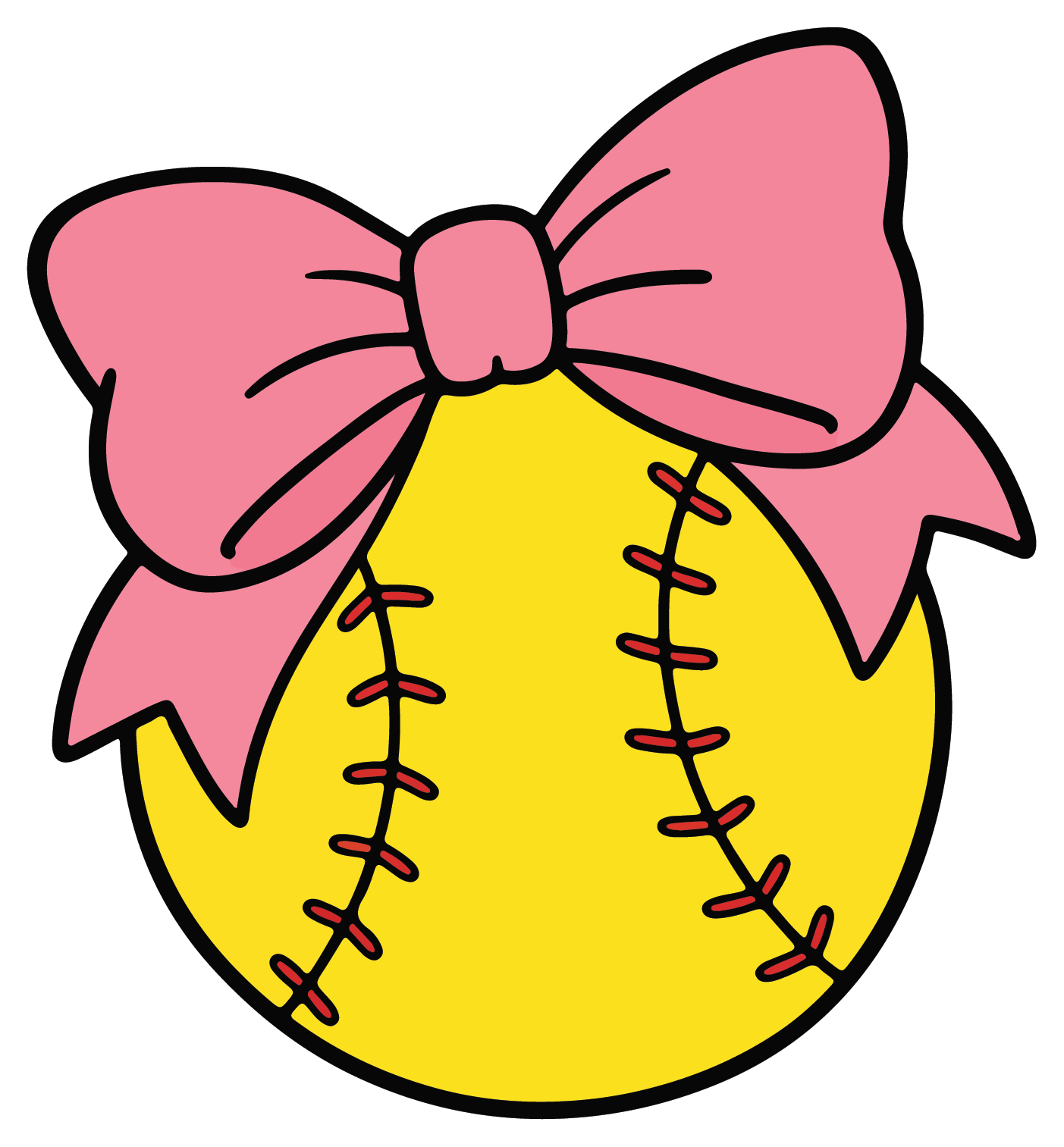 hand drawn softball with pink bow sticker on white background