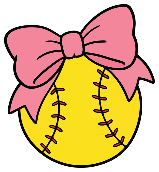 hand drawn softball with pink bow sticker on white background