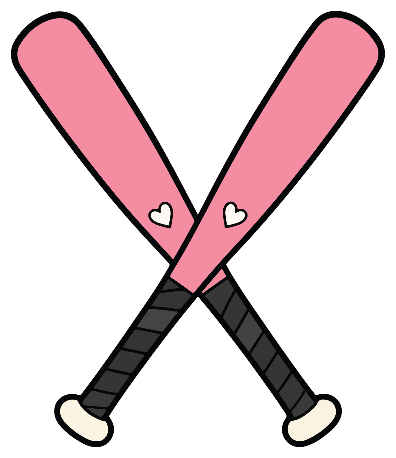 hand drawn crossed pink softball bats sticker on white background