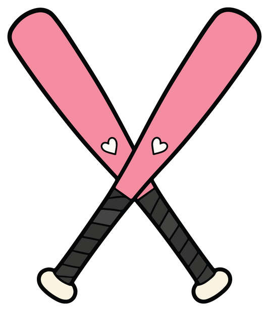 hand drawn crossed pink softball bats sticker on white background