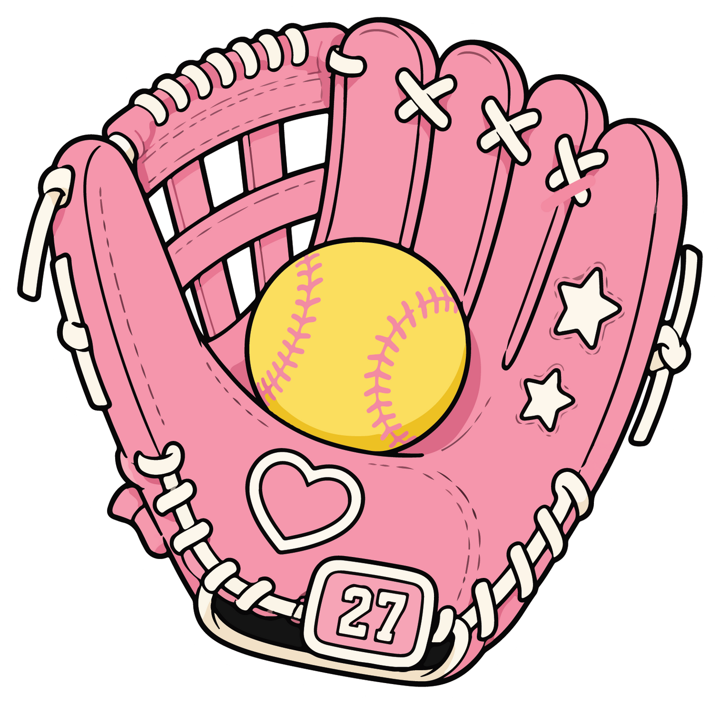 hand drawn pink softball glove holding a softball sticker on white background