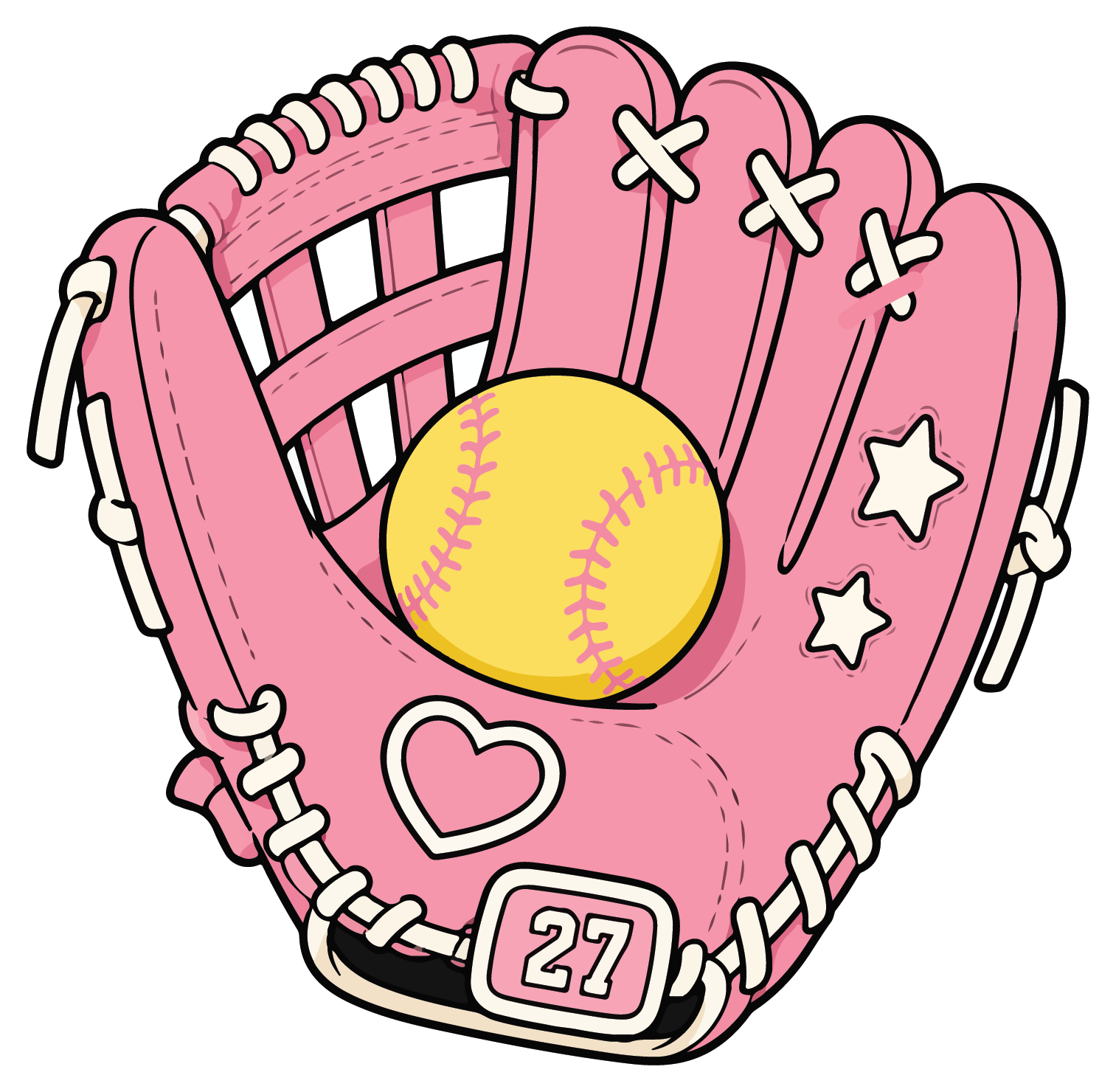 hand drawn pink softball glove holding a softball sticker on white background
