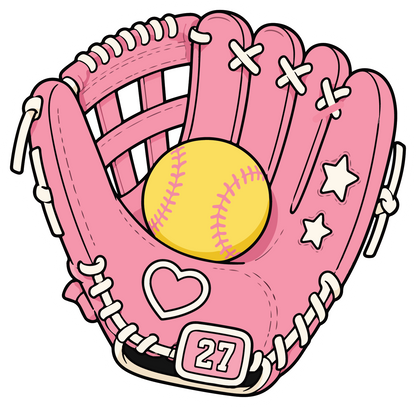 hand drawn pink softball glove holding a softball sticker on white background
