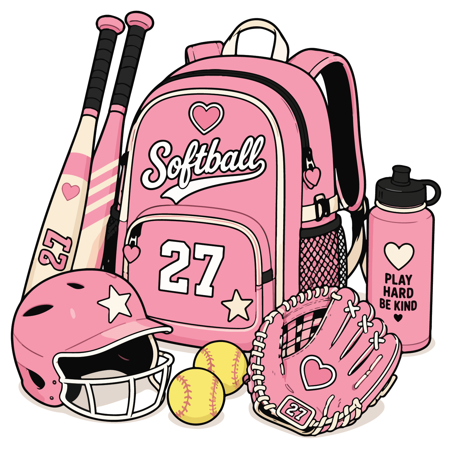 hand drawn pink softball gear backpack sticker on white background