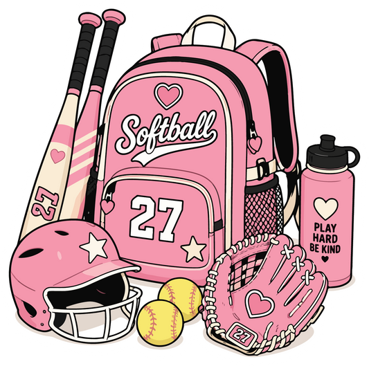 hand drawn pink softball gear backpack sticker on white background