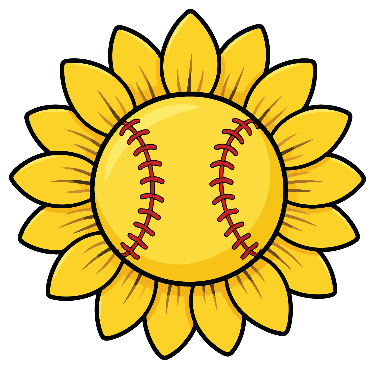 hand drawn sunflower with softball center sticker on white background